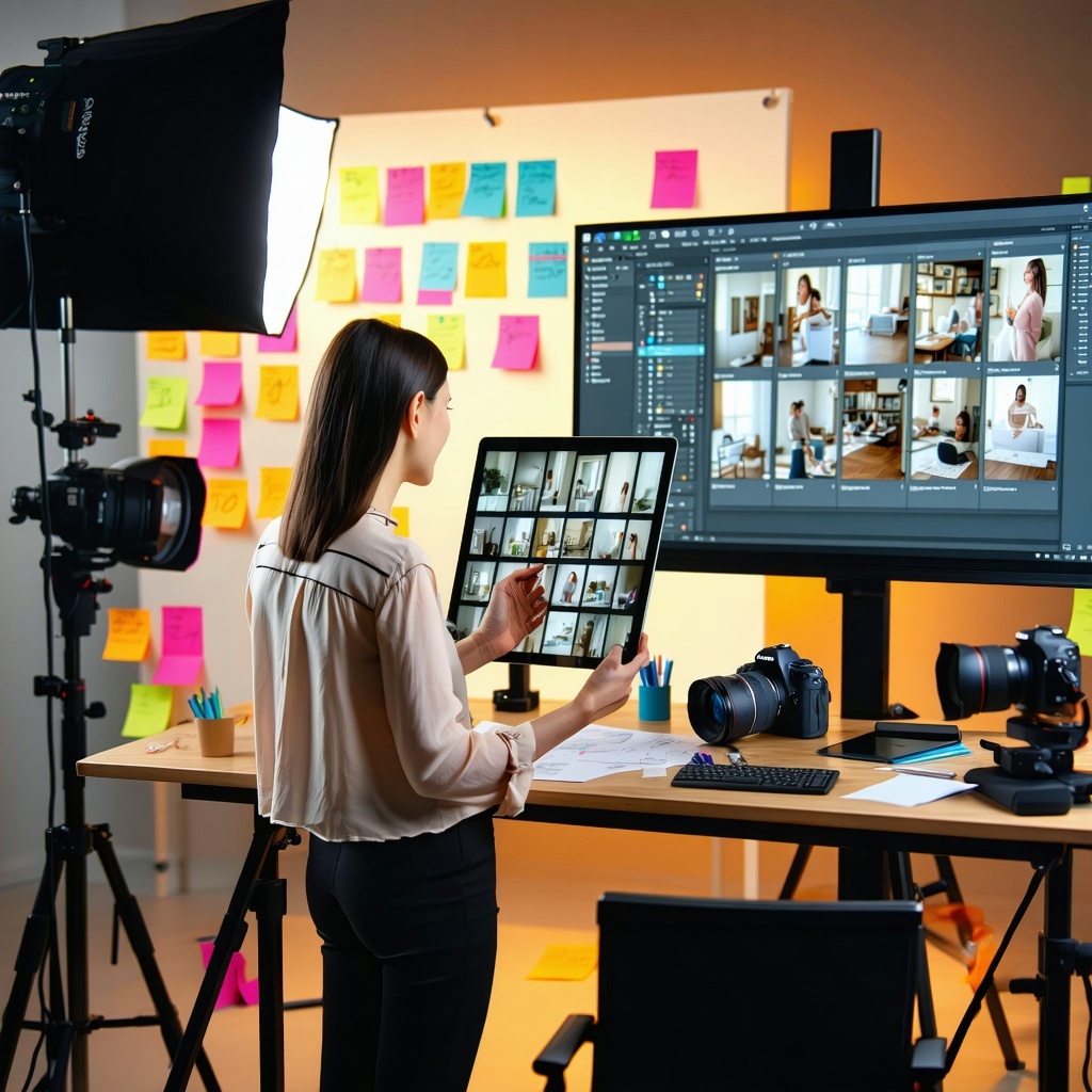 A collaborative creative studio environment where a marketing professional and a content creator are working together to produce engaging digital content The marketer is reviewing a storyboard or campaign brief on a tablet while the creator is editin-1