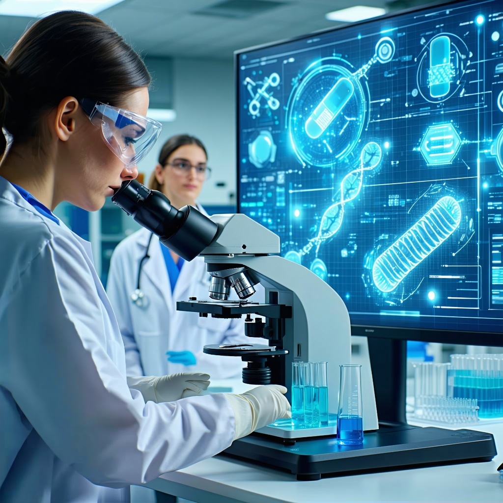 A realistic and professional virtual engagement scene in the healthcare and life sciences industry A hospital environment with doctors in white coats attending an online webinar about new drug treatments or clinical research In the foreground a resea-1