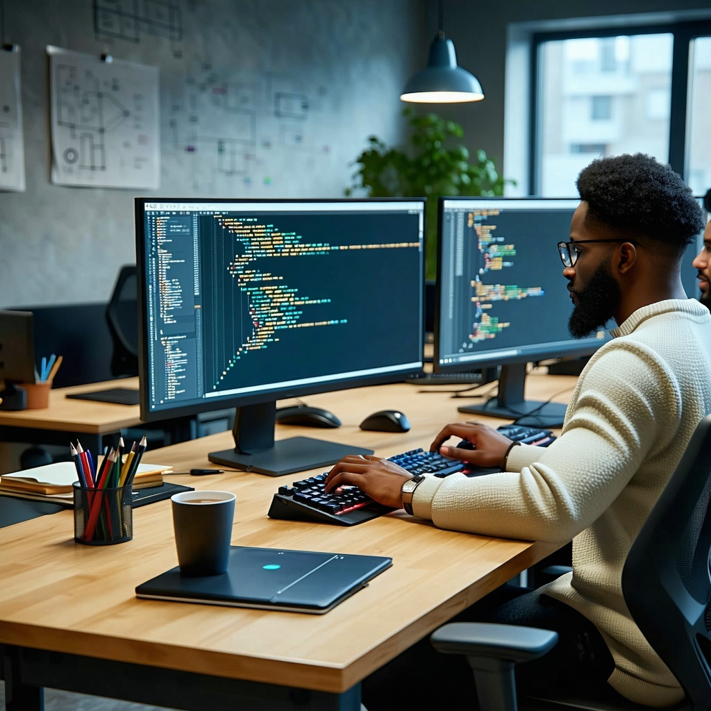 A realistic office scene where a small team of software developers is working at their desks Computer monitors display code editors with active development in progress eg Python JavaScript or backend code The workspace includes notebooks coffee mugs-1