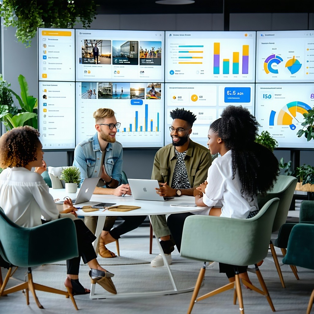 The image features a sleek modern digital workspace showcasing a vibrant interactive dashboard of a Digital Asset Management DAM system In the foreground a diverse team of professionals is engaged in a collaborative discussion surrounded by large scr