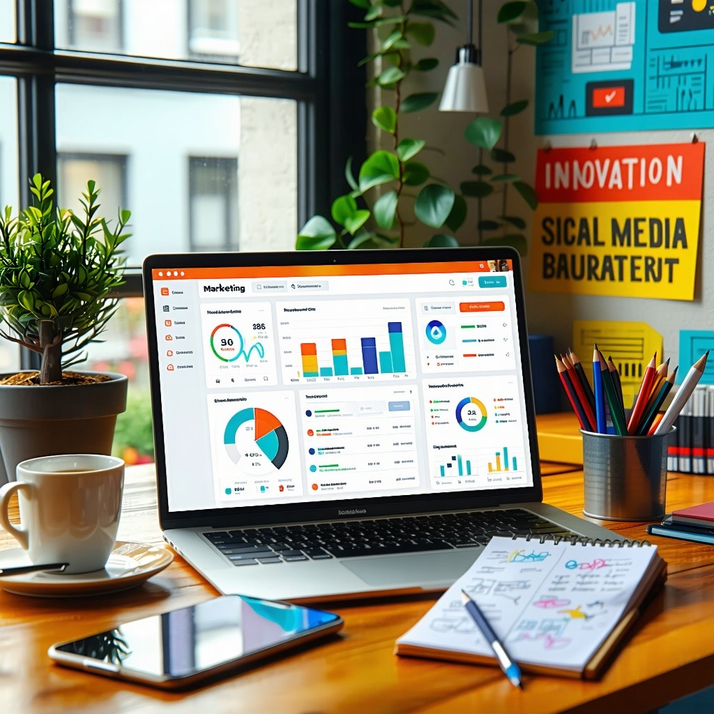 The image features a vibrant modern workspace filled with technology and creativity In the foreground a sleek laptop is open to a colorful digital marketing dashboard displaying analytics and performance metrics Beside it a smartphone shows social me-1