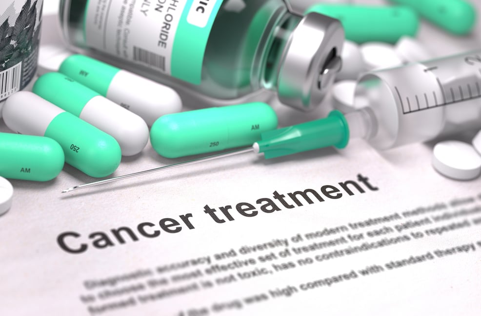 Cancer Treatment - Printed with Mint Green Pills, Injections and Syringe. Medical Concept with Selective Focus.